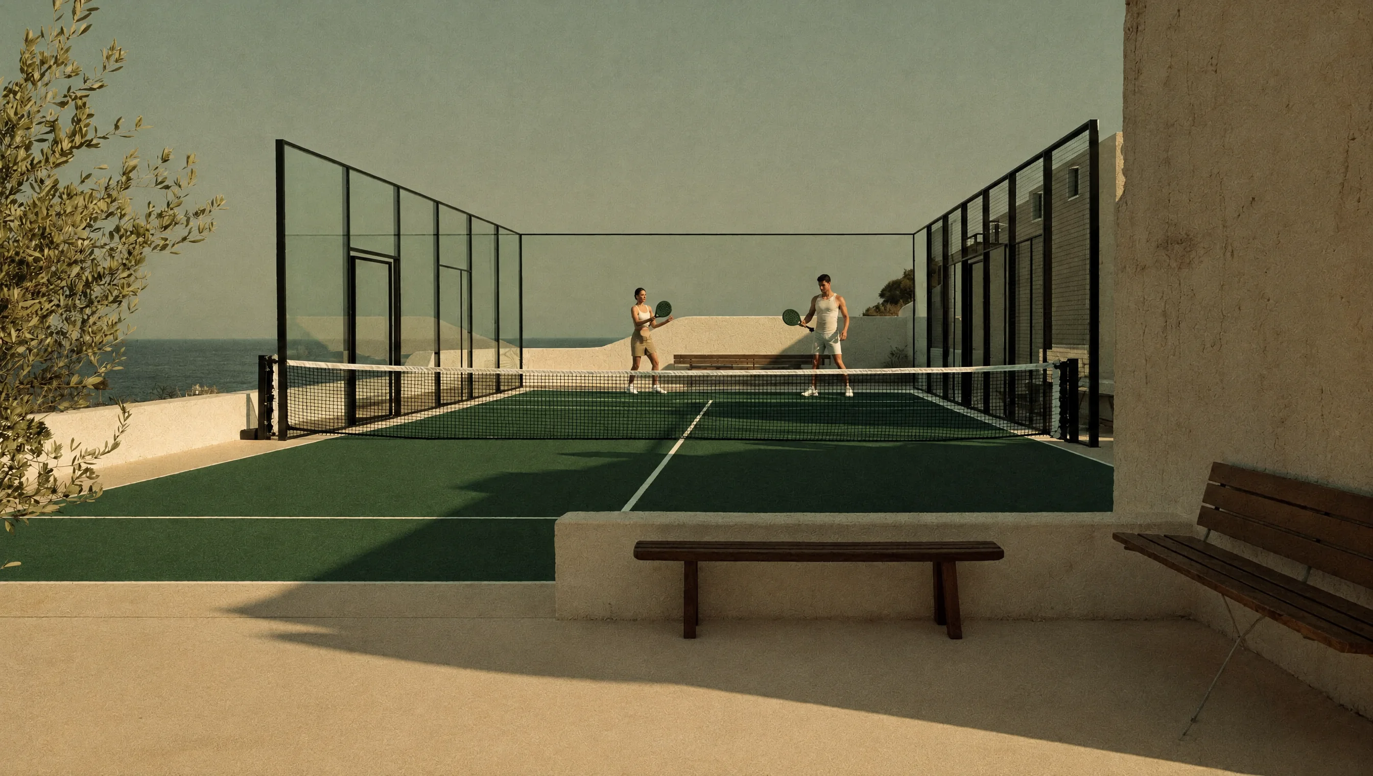 Vista conceptual de una cancha de pádel desde una terraza de piedra.