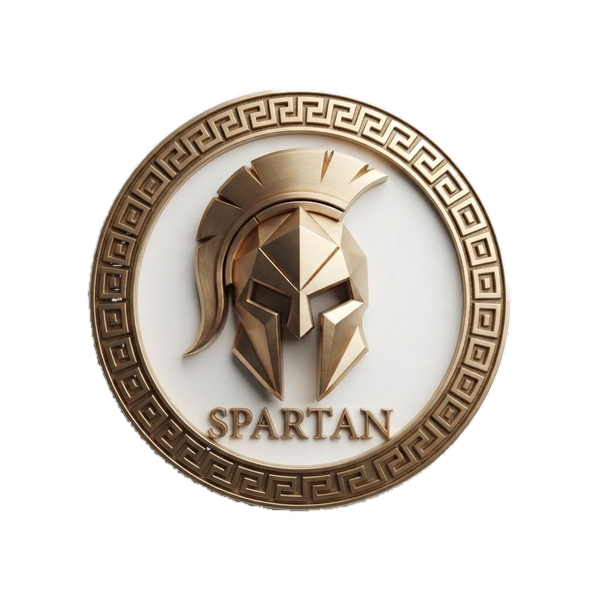 Emblema de Spartan Padel Academy: casco corintio dorado dentro de un círculo con greca griega.